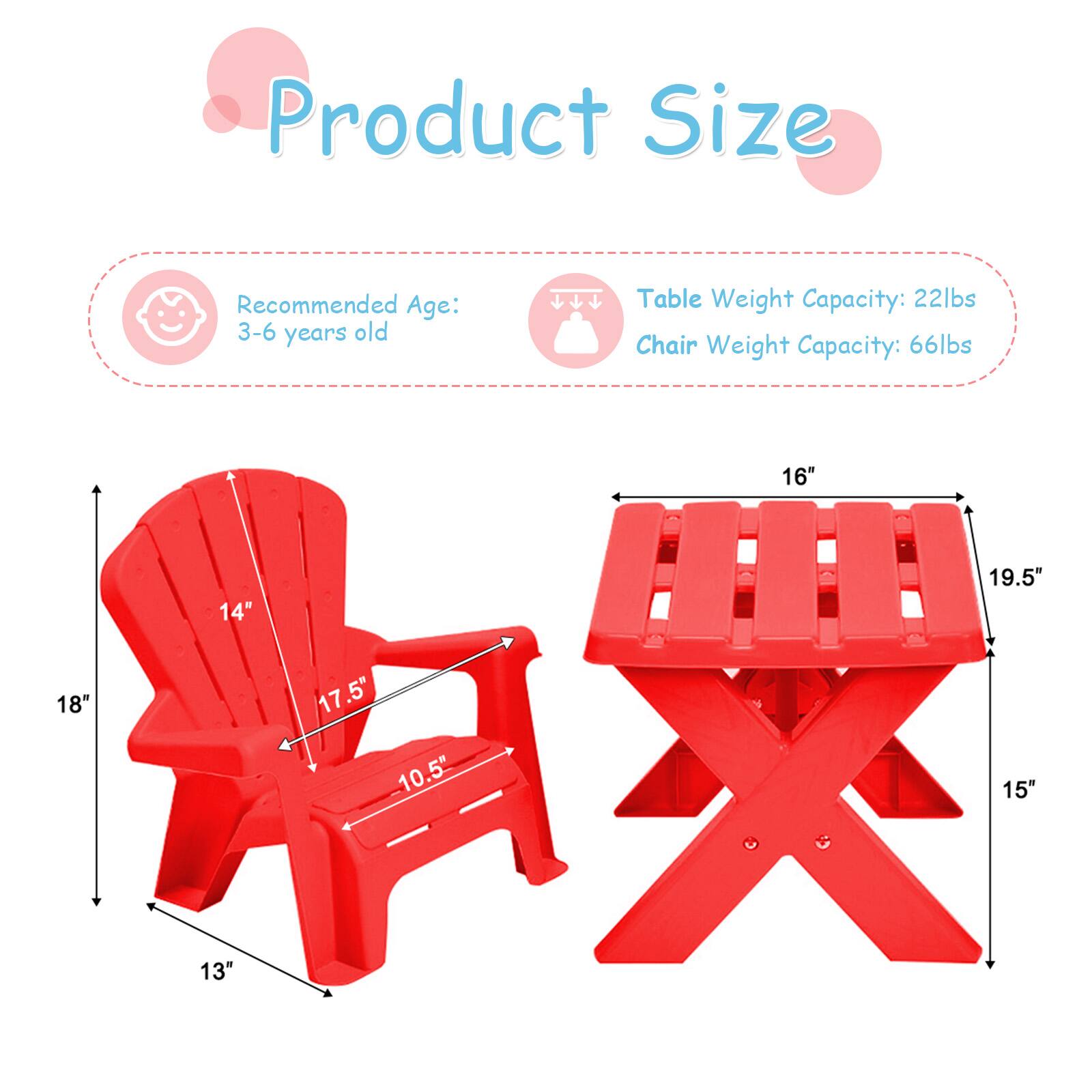 Product Size
Recommended Age: 3-6 years old
Table Weight Capacity: 22lbs
Chair Weight Capacity: 66lbs
19.5"
18"
17.5"
16"
15"
14"
13"
10.5"