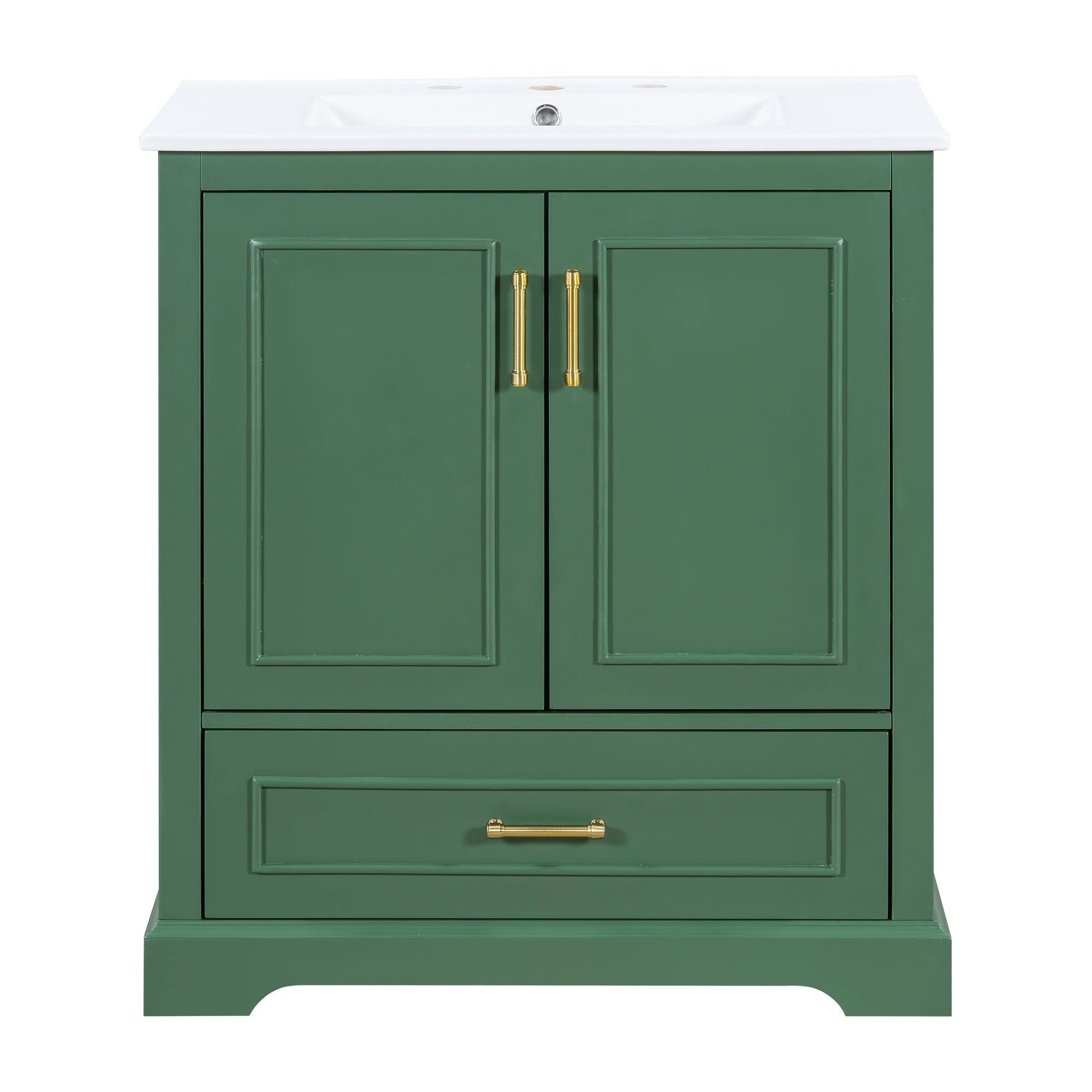 Angle. Boyel Living - 30 Inch Green Bathroom Vanity with Ceramic Sink Soft Close Doors Divider Drawer Double Door Shelves - Black.