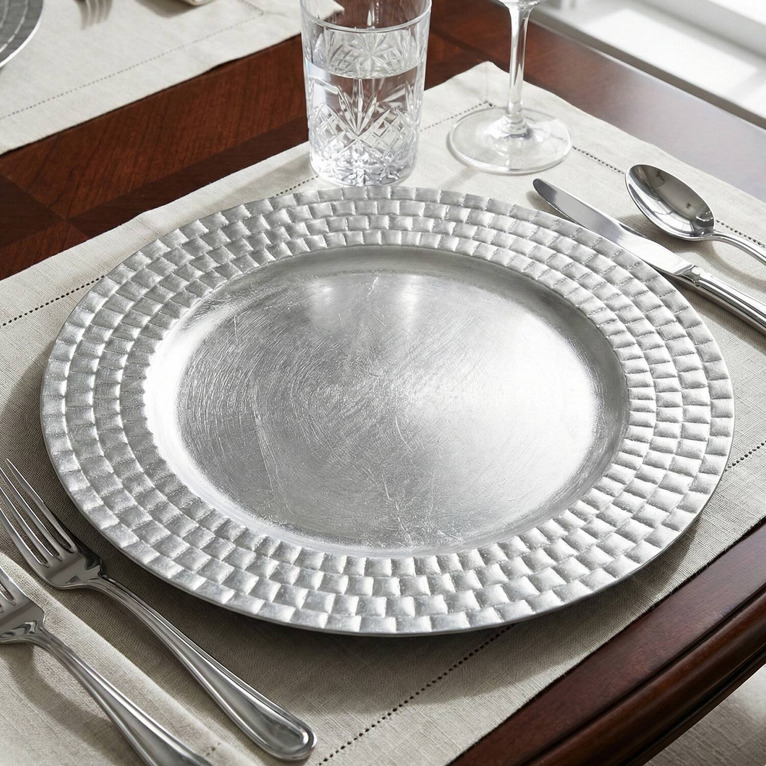 Left. American Atelier - Silver Linear Charger Plate Set- 12 Pieces - Silver.