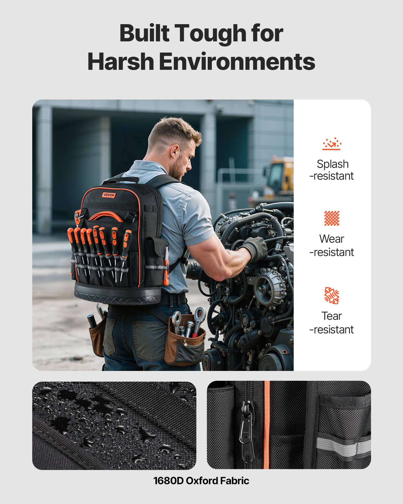 Built Tough for Harsh Environments

- Splash-resistant
- Wear-resistant
- Tear-resistant

1680D Oxford Fabric