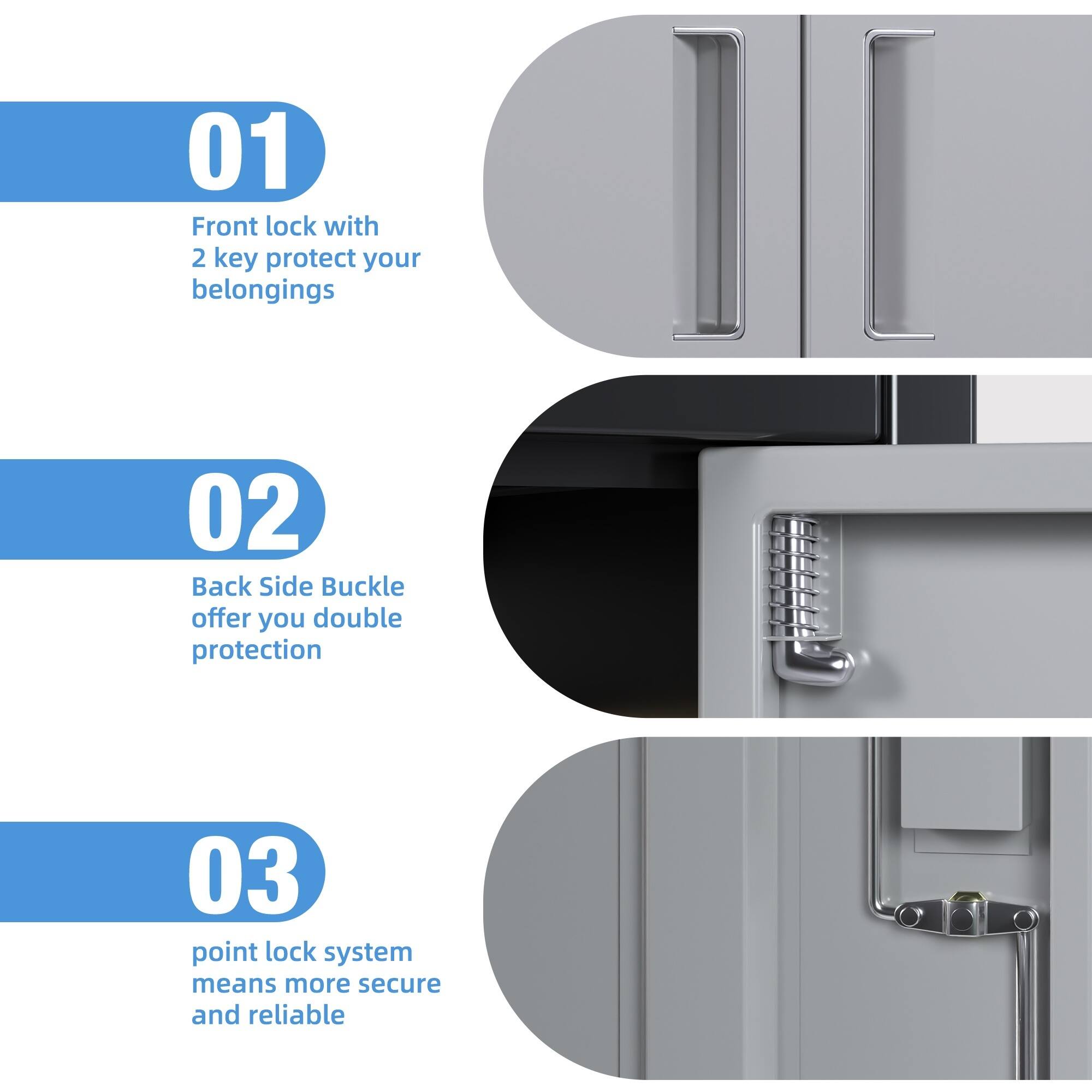 01 Front lock with 2 key protect your belongings  
02 Back Side Buckle offer you double protection  
03 point lock system means more secure and reliable