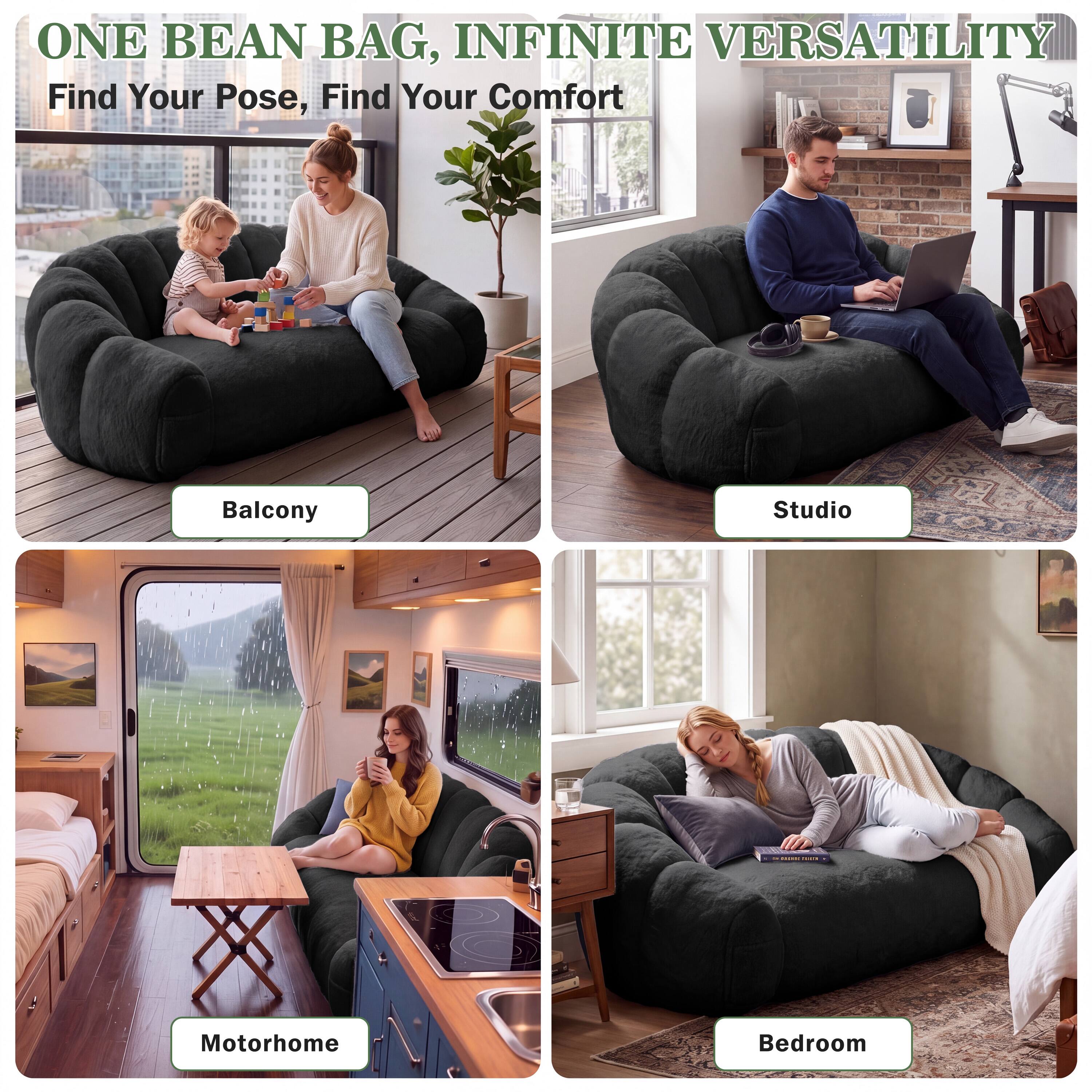 ONE BEAN BAG, INFINITE VERSATILITY  
Find Your Pose, Find Your Comfort

Balcony  
Studio  
Motorhome  
Bedroom