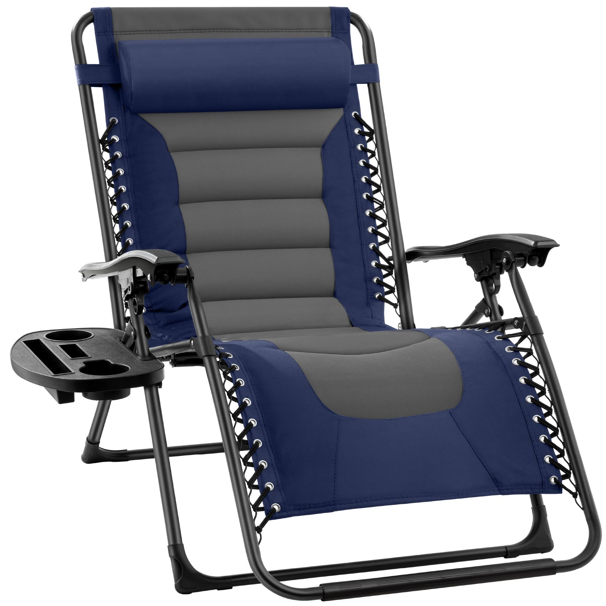 Best Choice Products - Oversized Padded Zero Gravity Chair, Folding Outdoor Patio Recliner w/ Side Tray - Navy/Gray