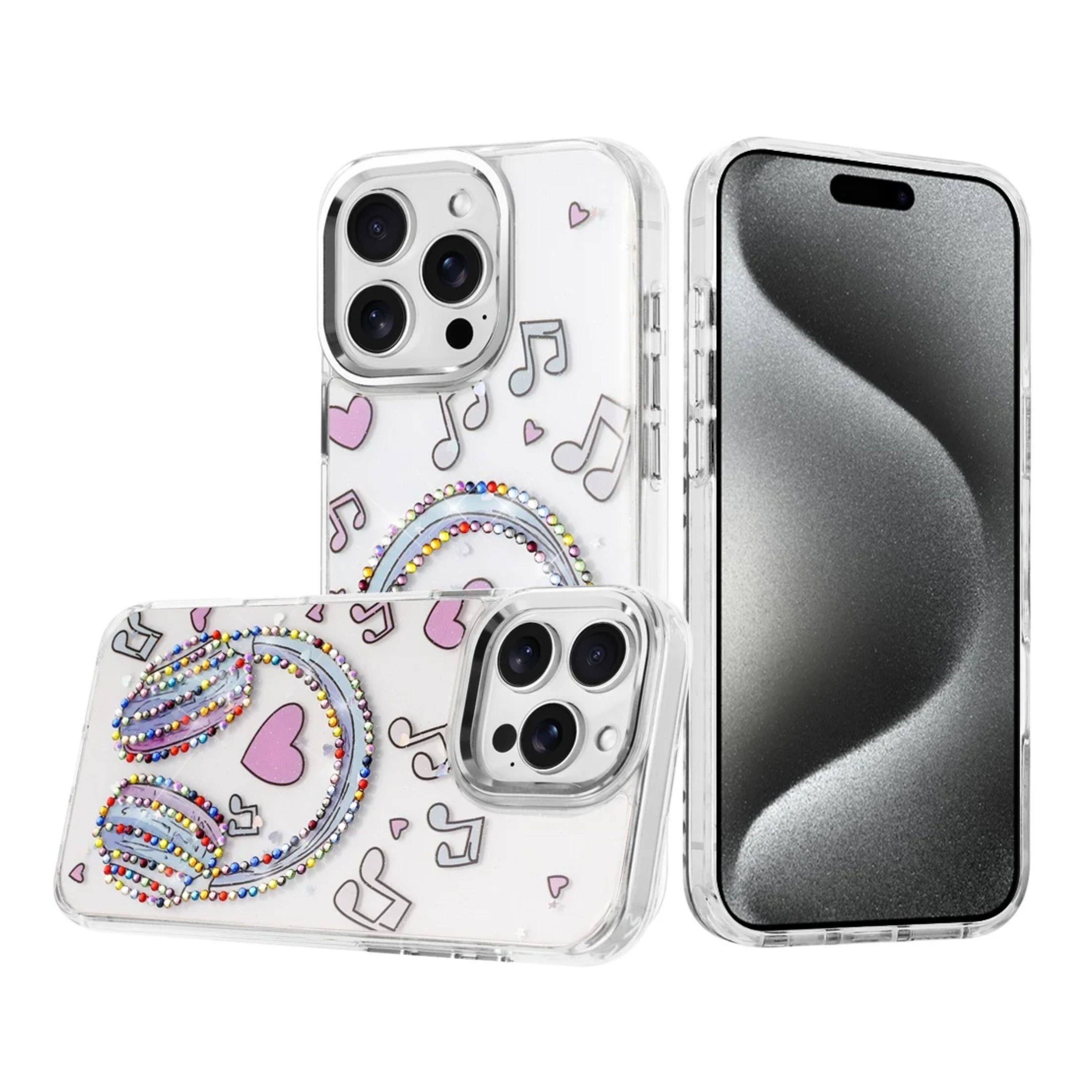 Angle. Kitcheniva - Colorful Epoxy Design Plastic Jewel Phone Case With 2 Pcs Tempered Glass For iPhone 15 Pro Max Music - Multicolor.