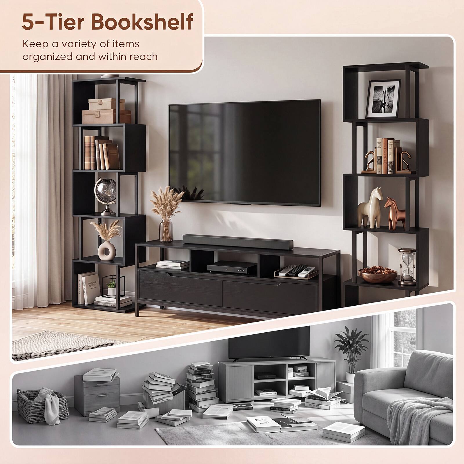 Costway 1 PCS S Shaped Bookshelf, 5 Tier Geometric Bookcase Corner ...