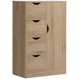 Homcom - Freestanding Storage Cabinet, Bathroom Floor Cabinet with 4 Drawers and Door - Oak