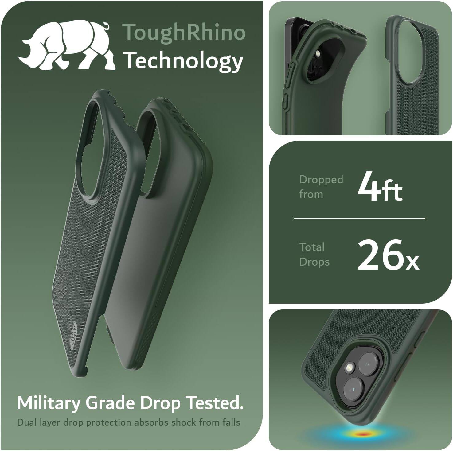 ToughRhino Technology

Dropped from 4ft  
Total Drops 26x

Military Grade Drop Tested.  
Dual layer drop protection absorbs shock from falls