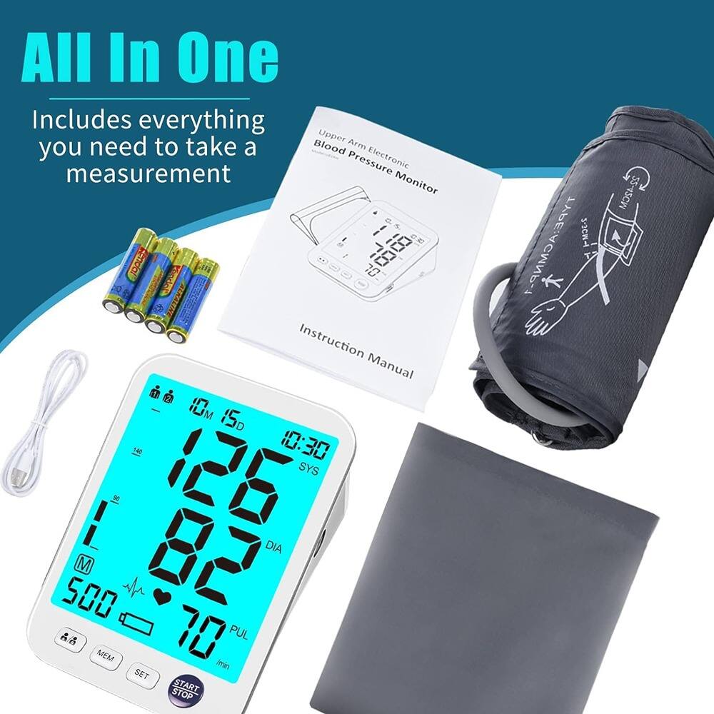 All In One  
Includes everything you need to take a measurement  

Upper Arm Blood Pressure Monitor  

Instruction Manual  

126  
82  
500  
70  

10:30  
SYS  
DIA  
PUL  
min  

AGMNP-1  
3-2CH-  
T  
22  
22-42CM  

12M 15D  

M  
SET  
START/STOP  

AA  
AA  
AA  
AA  

cendal  
70 00.00 Kender SNDONTO