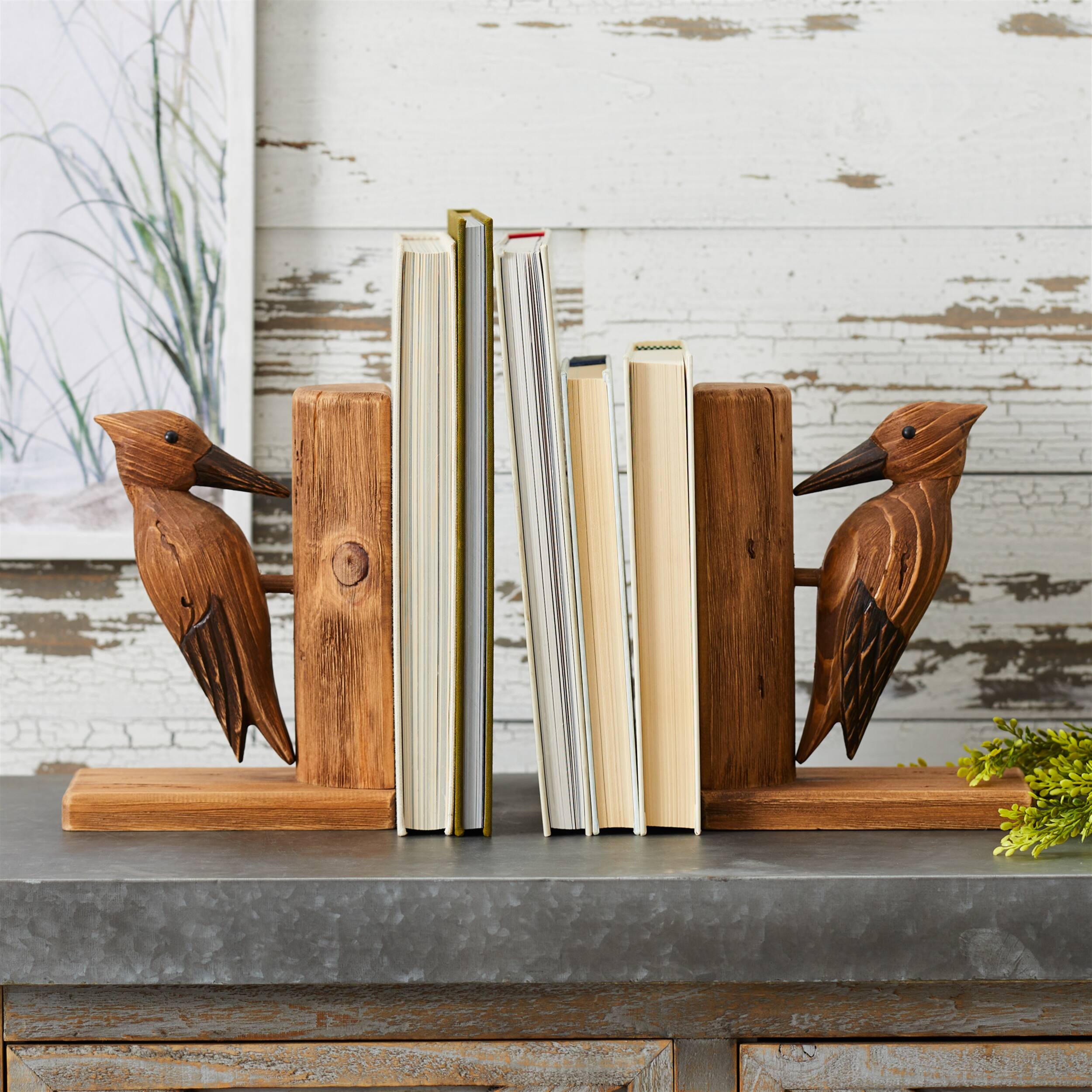 Alt View 2. BreeBe - Pine Wood Woodpecker Bird Bookend (Set of 2) - Brown.