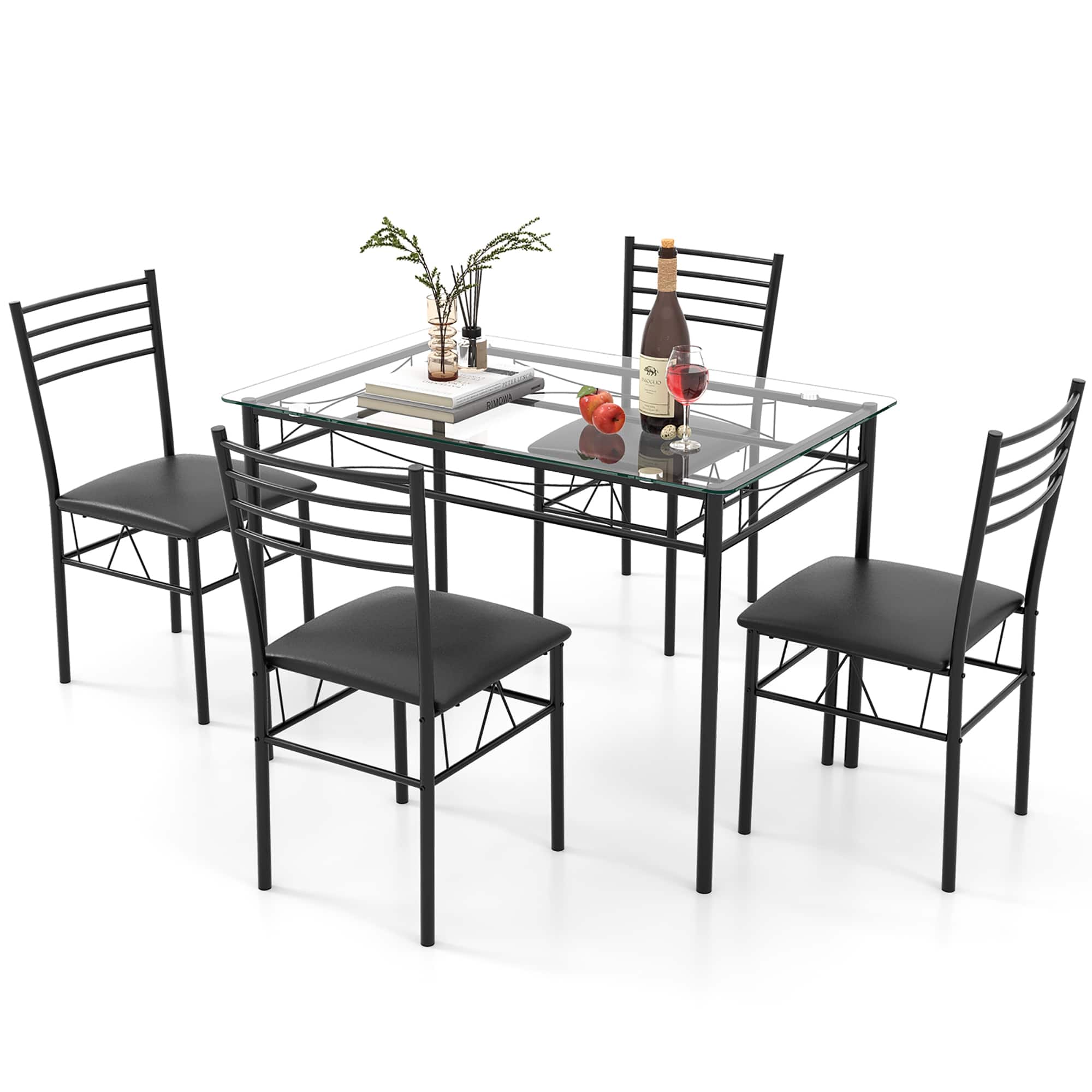 Gymax - 5 PC Dining Set Glass Top Table and 4 Chairs Kitchen Room Furniture - Black