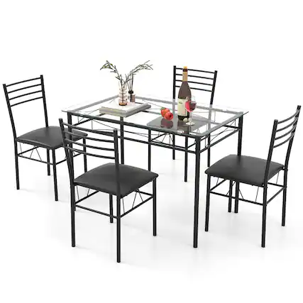 Front. Gymax - Gymax 5 PC Dining Set Glass Top Table and 4 Chairs Kitchen Room Furniture - Black.