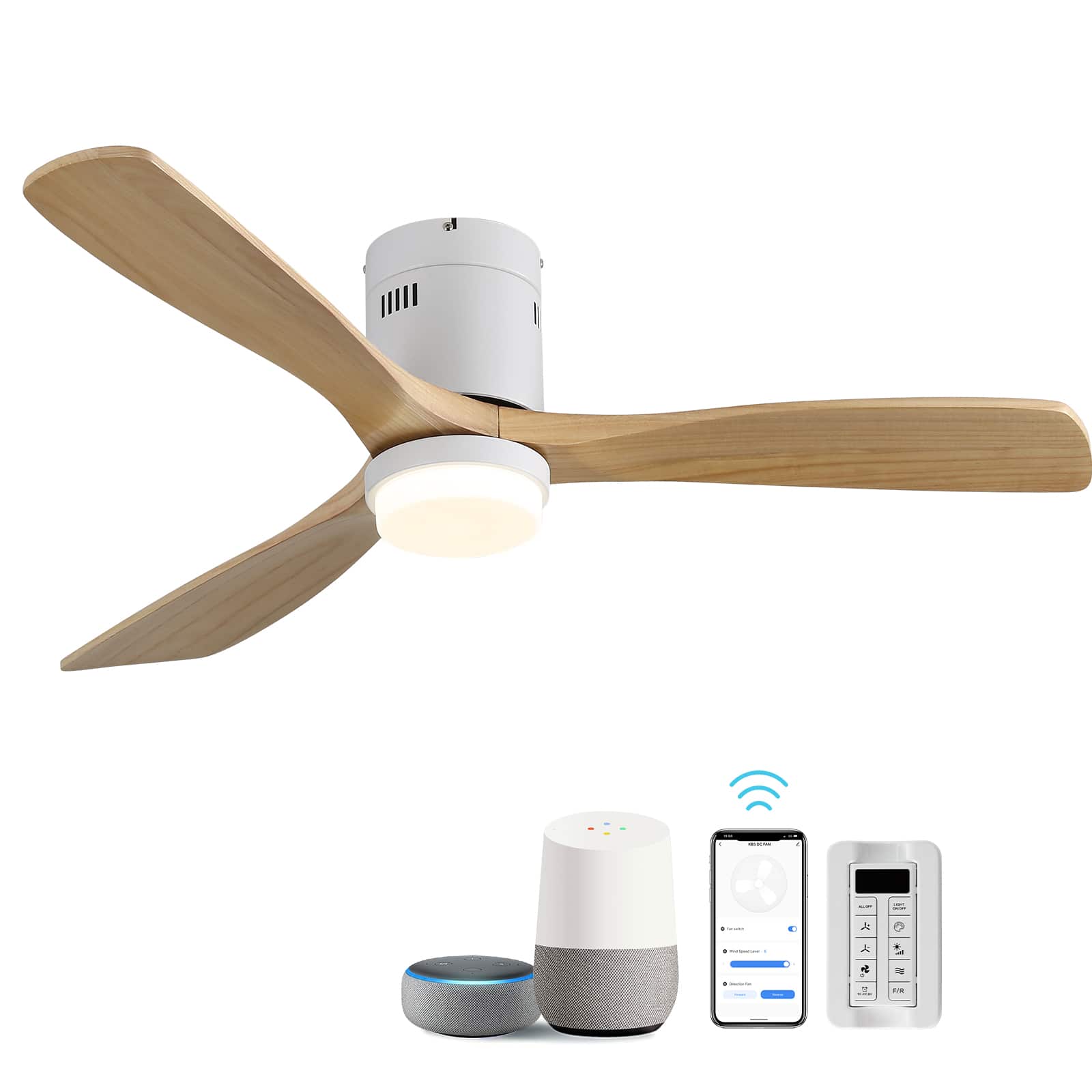 Sofucor - 52 Inch Ceiling Fans with Lights Indoor/Outdoor Ceiling Fan with APP/Remote/Voice Control, Alexa & Google Assistant - White - Natural Wood