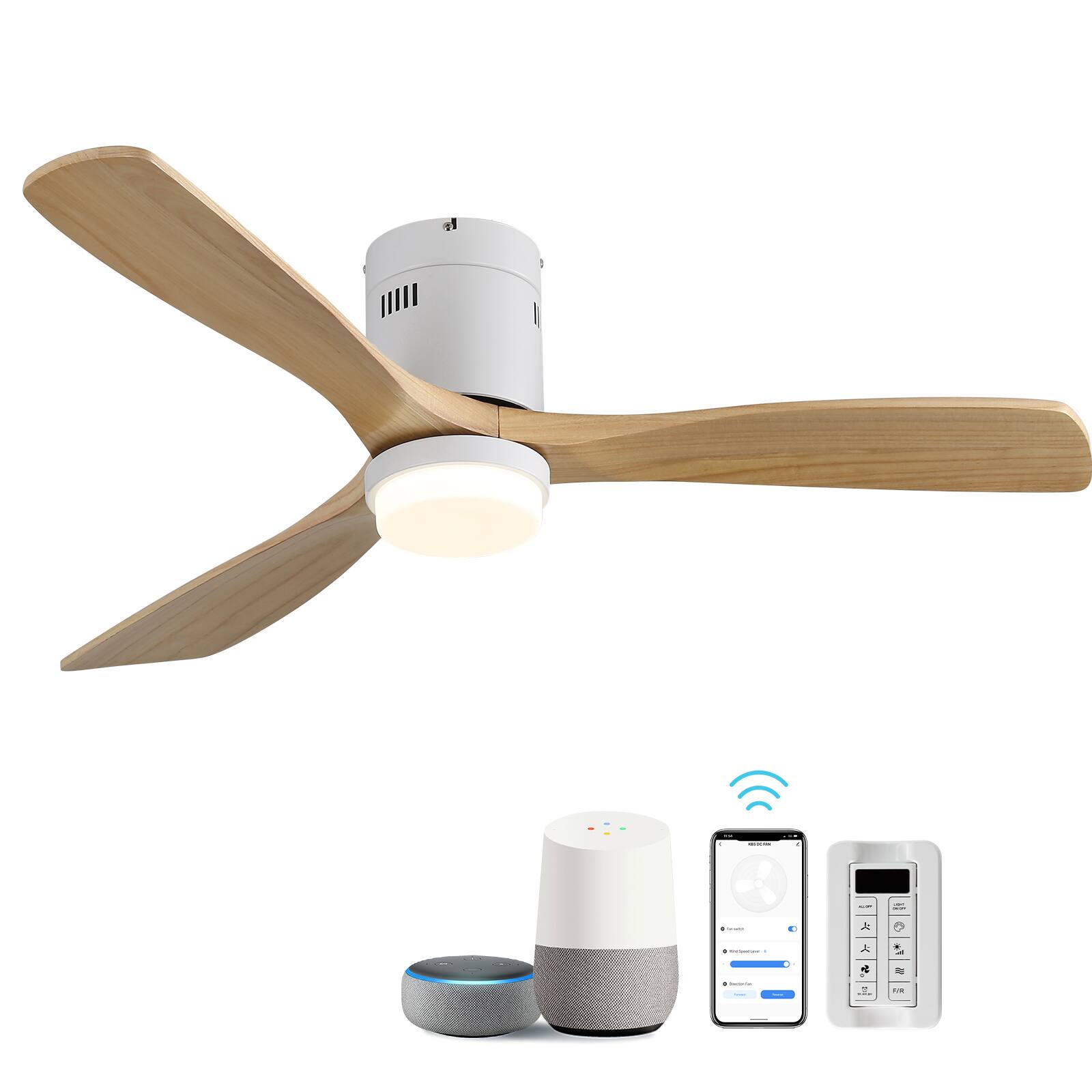 Front. Sofucor - 52 Inch Ceiling Fans with Lights Indoor/Outdoor Ceiling Fan with APP/Remote/Voice Control, Alexa & Google Assistant - White - Natural Wood.