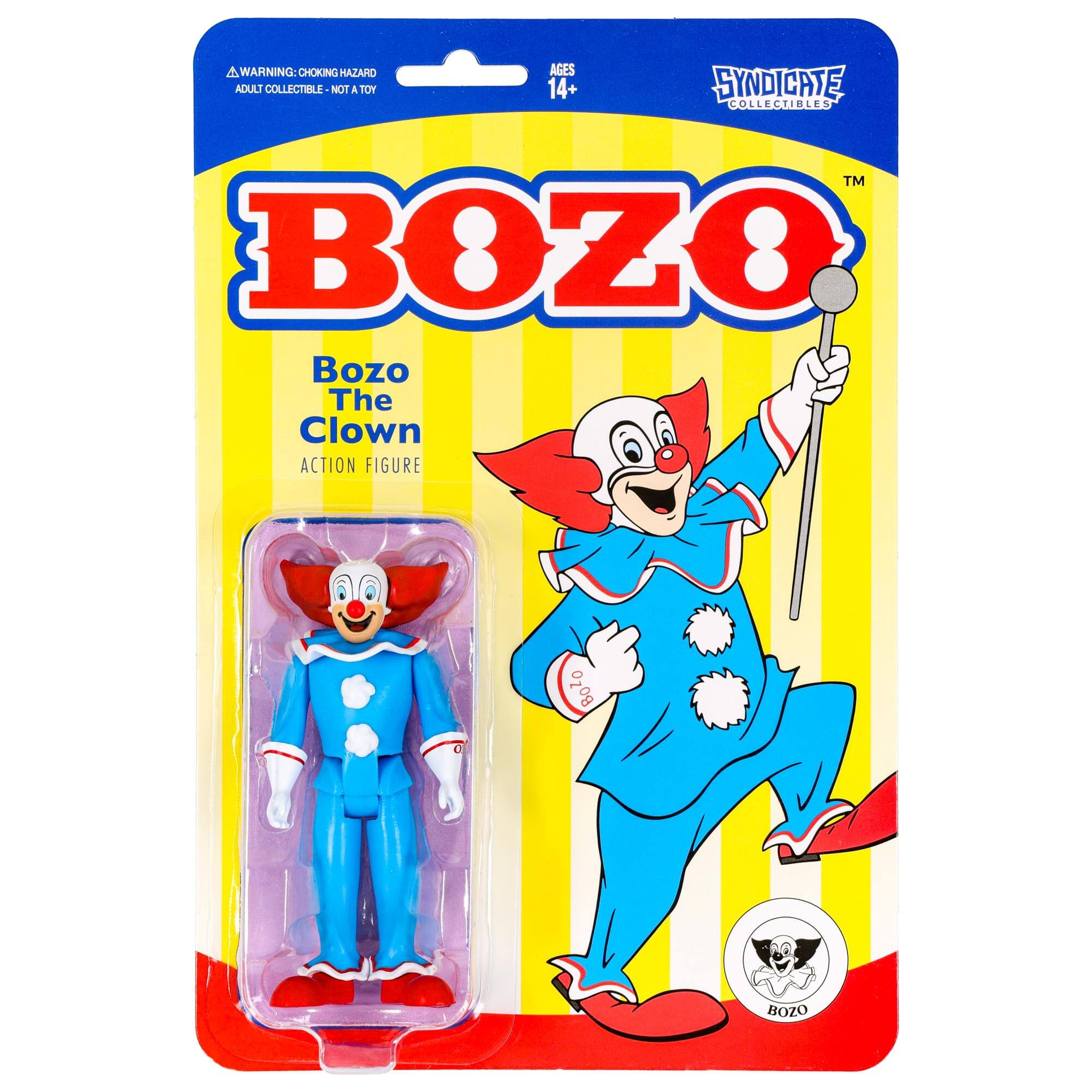 WARNING: CHOKING HAZARD ADULT COLLECTIBLE- NOT A TOY  
AGES 14+  
SYNDICATE COLLECTIBLES  
TM BOZO Bozo The Clown ACTION FIGURE