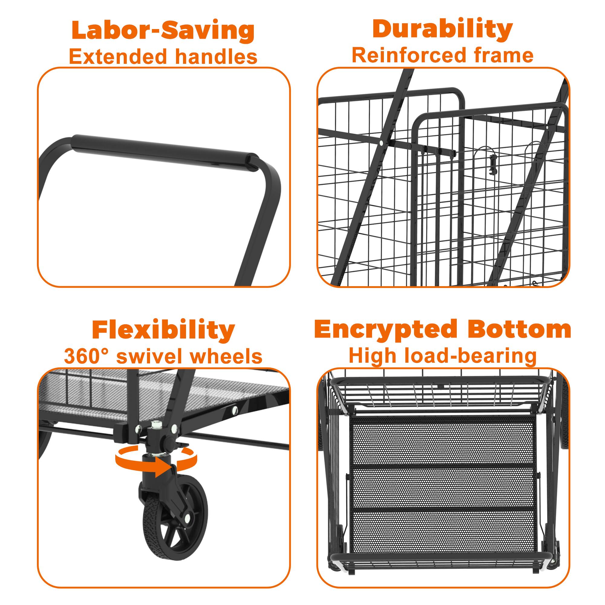 - Labor-Saving
  - Extended handles

- Durability
  - Reinforced frame

- Flexibility
  - 360° swivel wheels

- Encrypted Bottom
  - High load-bearing