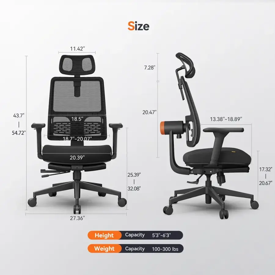 Size: 11.42" x 7.28" x 43.7" | 54.72" x 18.5" x 18.7"-20.07" x 20.47" x 13.38"-18.89" x 20.39" x 25.39" | 32.08" x 17.32" | 20.67" x 27.36"
Height Capacity: 5'3"-6'3"
Weight Capacity: 100-300 lbs