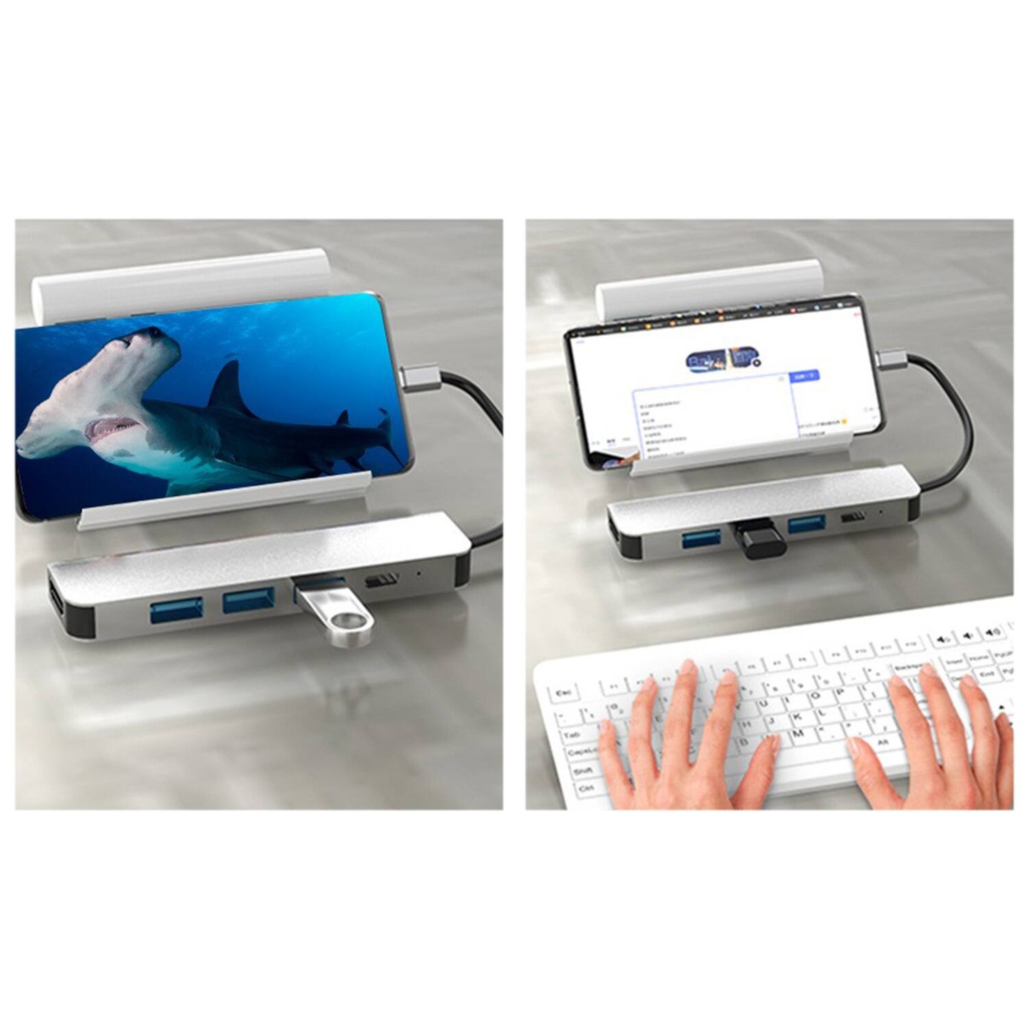 On the left, there is a computer monitor with a shark image on it. On the right, there is a computer monitor with a keyboard and a hand on it.