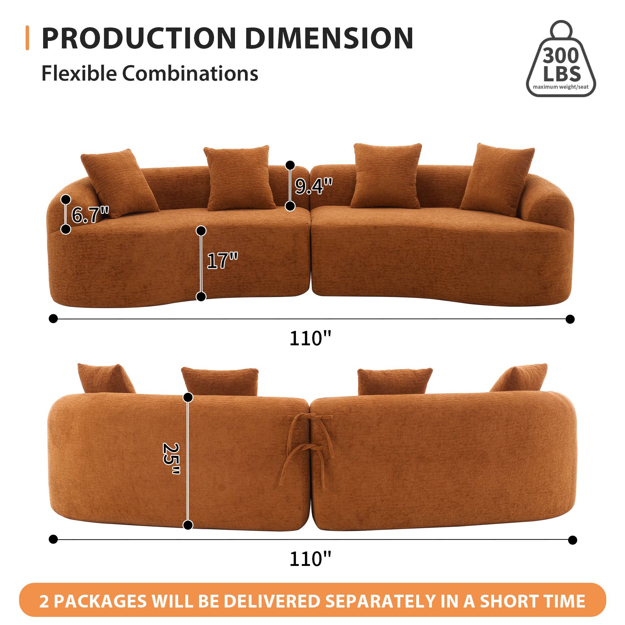 **PRODUCTION DIMENSION**  
Flexible Combinations  

- 6.7"  
- 9.4"  
- 17"  
- 110"  
- 25"  
- 110"  

**300 LBS**  
maximum weight/seat  

2 PACKAGES WILL BE DELIVERED SEPARATELY IN A SHORT TIME