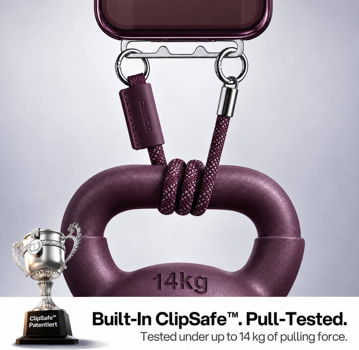 CASEKOO  
ClipSafe Patentiert  
14kg Built-In ClipSafe™ Pull-Tested.  
Tested under up to 14 kg of pulling force.