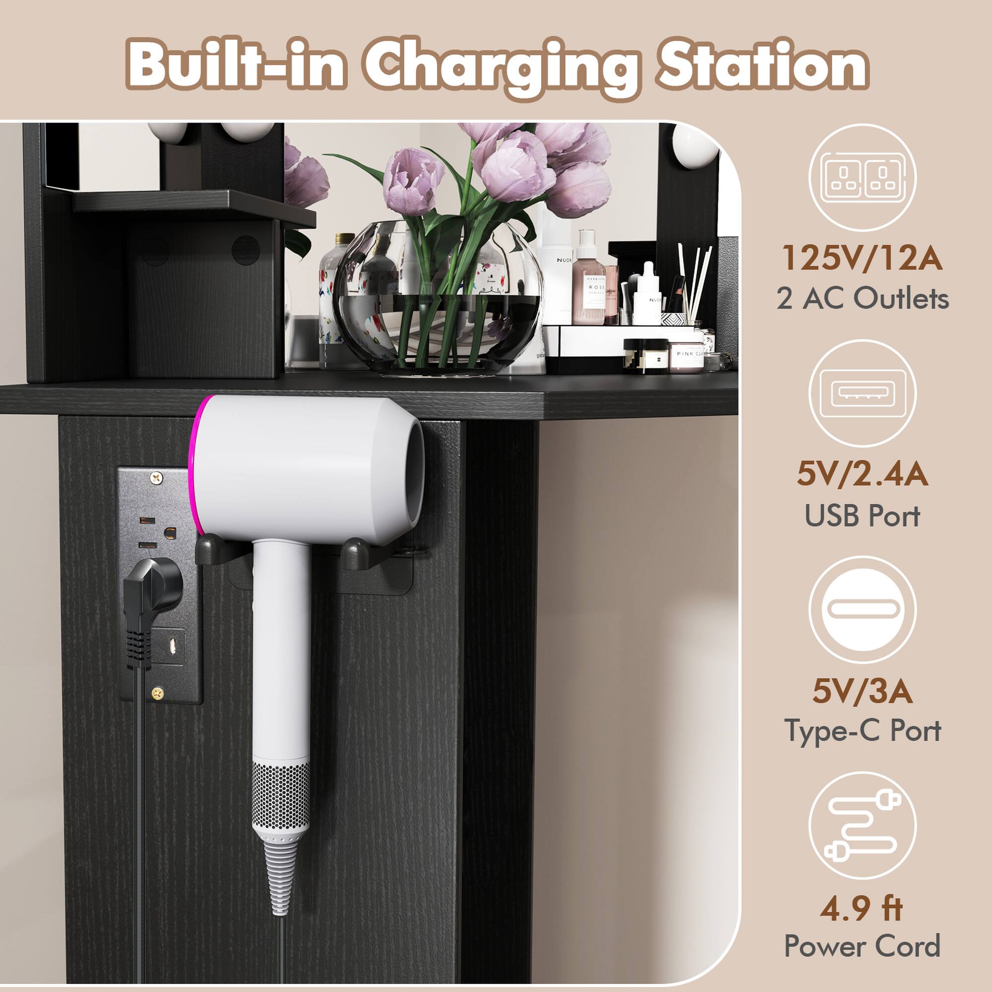 Built-in Charging Station  125V/12A 2 AC Outlets  5V/2.4A USB Port  5V/3A Type-C Port  4.9 f Power Cord