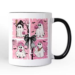 OrnamentallyYou - Pink Halloween Ghost Mug, Coquette Spooky Season Gift - White