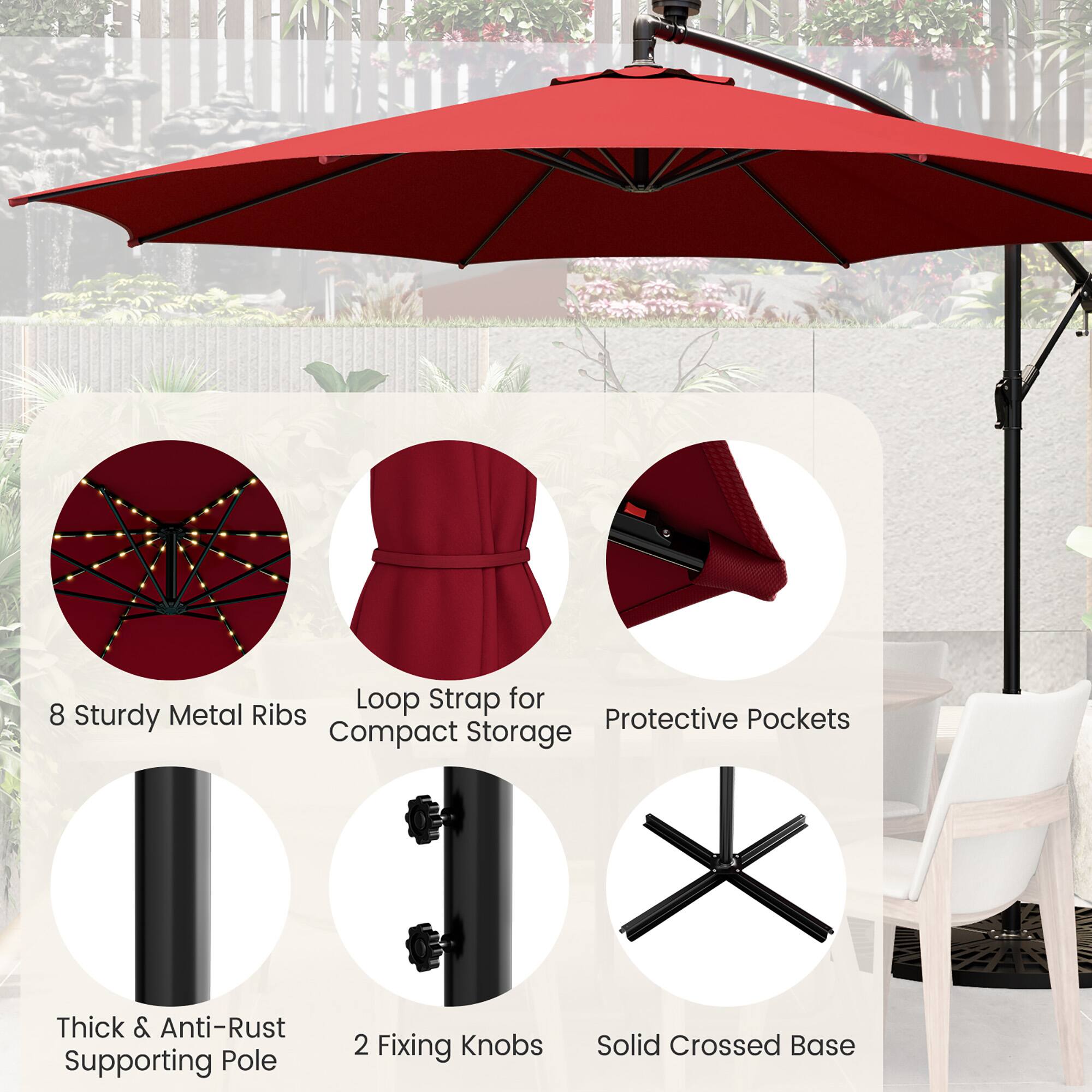 The image features a red umbrella with a loop strap for eight sturdy metal ribs, providing protective pockets for compact storage. The umbrella is thick and anti-rust, ensuring durability and resistance to corrosion. Additionally, it has two fixing knobs for a solid crossed base, providing stability and support. The umbrella is displayed in a garden setting, with a chair nearby.