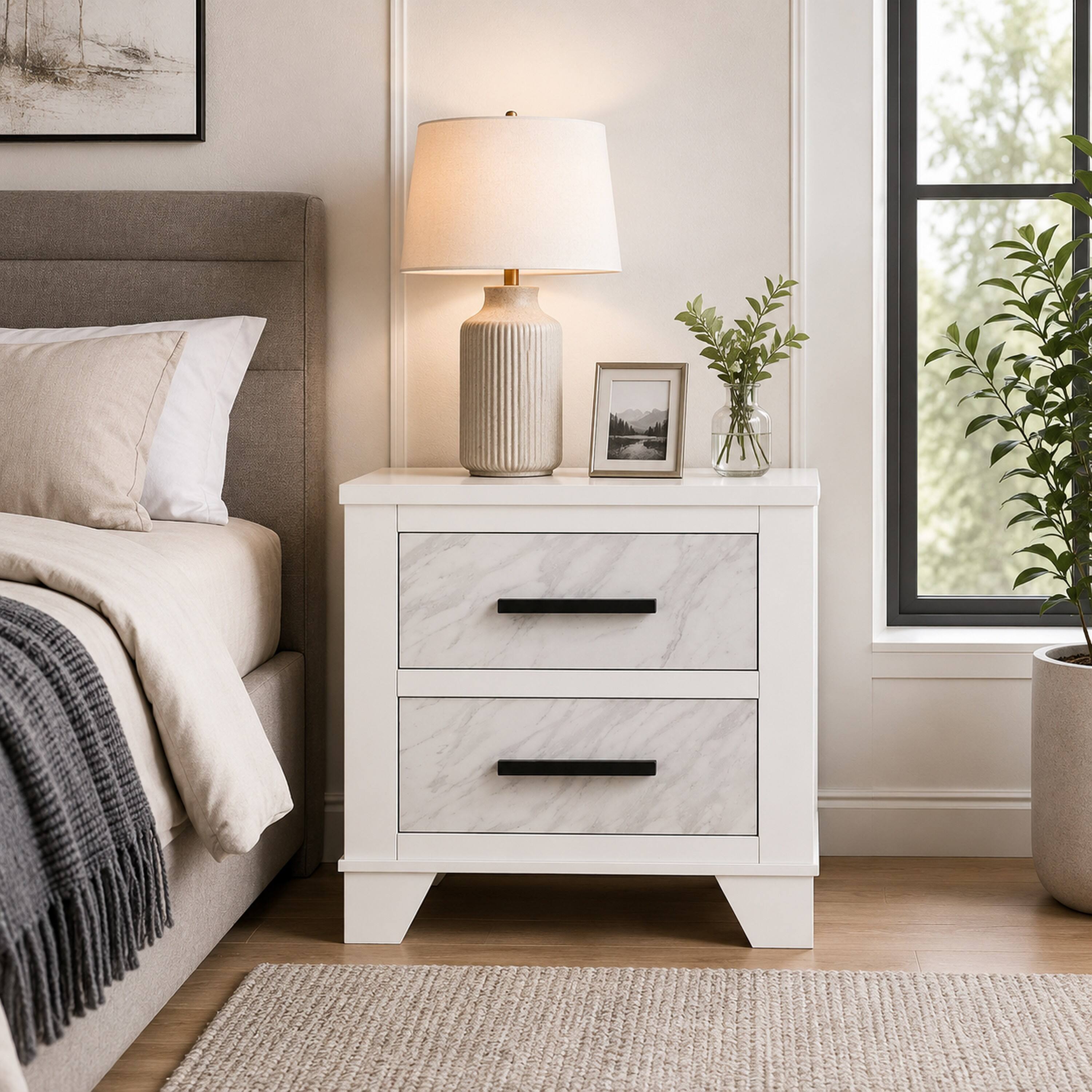 Alt View 5. Manhattan Lane - Feza Nightstand, 2 Drawers with Faux Marble Inset, Pulls - White, Black.