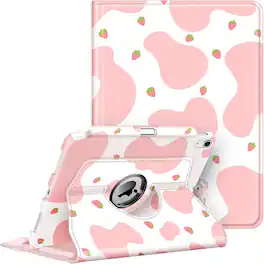 Kitcheniva - Smart Rotating Case For iPad A16 11th 2025 And iPad 10th 2022 Stand Cover - Strawberry Cow