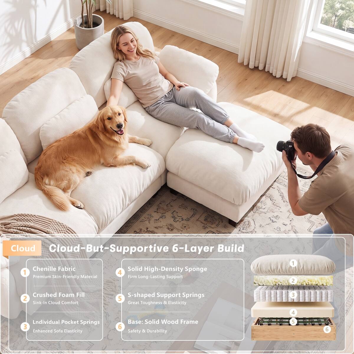 Cloud-But-Supportive 6-Layer Build

1. Chenille Fabric
   - Premium Skin-Friendly Material

2. Crushed Foam Fill
   - Sink-In Cloud Comfort

3. Individual Pocket Springs
   - Enhanced Sofa Elasticity

4. Solid High-Density Sponge
   - Firm Long-Lasting Support

5. S-shaped Support Springs
   - Great Toughness & Elasticity

6. Base: Solid Wood Frame
   - Safety & Durability