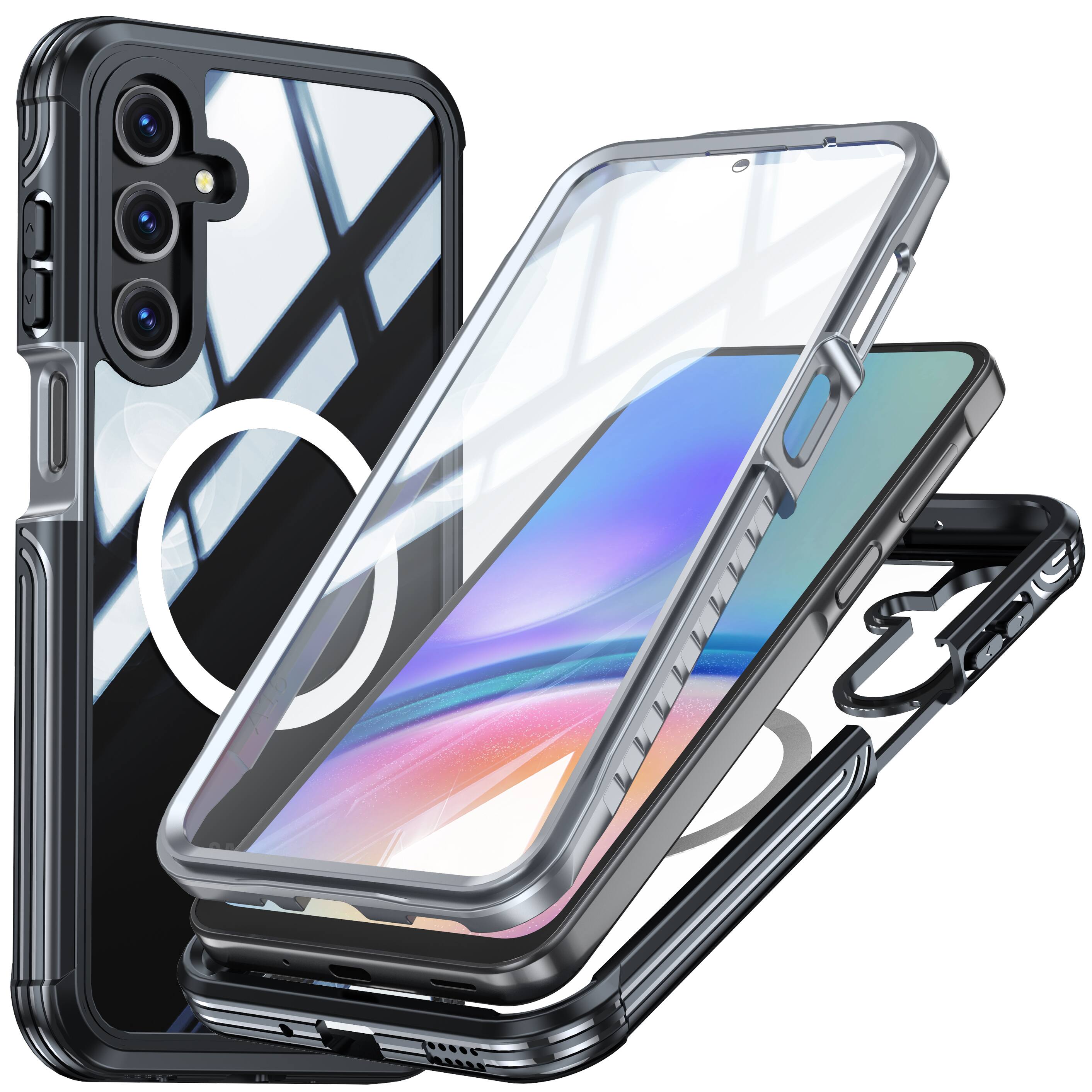Front. Dteck - 360 Full-Body Case for Samsung Galaxy A16 5G with Built-in Screen Protector, Magnetic Rugged Shockproof Protective Cover - Black.