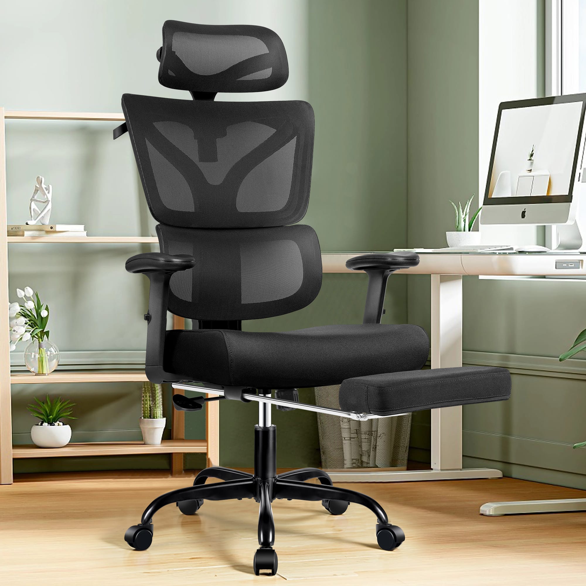 KERDOM - Home Office Ergonomic Mesh Task Chair with Headrest and Footrest, Adjustable Lumbar Support & Lifting Armrests, Tilt - Black