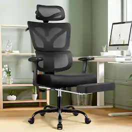 KERDOM - Home Office Ergonomic Mesh Task Chair with Headrest and Footrest, Adjustable Lumbar Support & Lifting Armrests, Tilt - Black