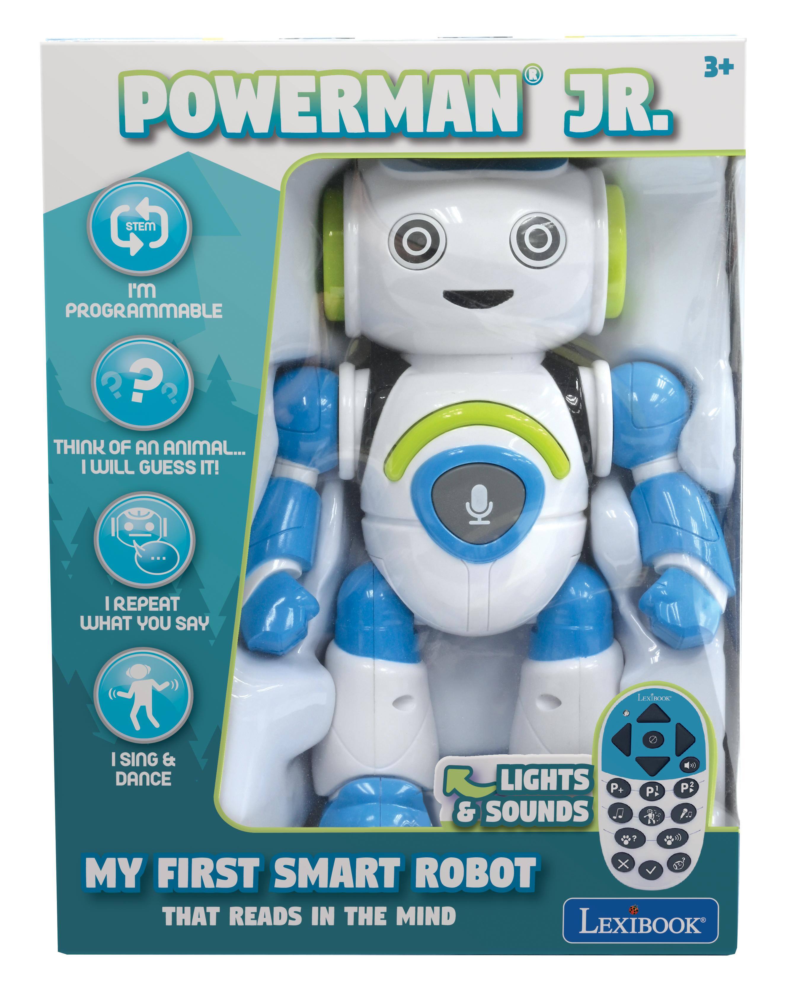3+ POWERMAN JR.  
STEM  
I'M PROGRAMMABLE  
?? ? THINK OF AN ANIMAL... | WILL GUESS IT!  
| REPEAT WHAT YOU SAY  
LEXIBOOK  
I SING & DANCE  
LIGHTS P+ & SOUNDS 0  
0 P1 a  
P2  
X  
MY FIRST SMART ROBOT THAT READS IN THE MIND LEXIBOOK