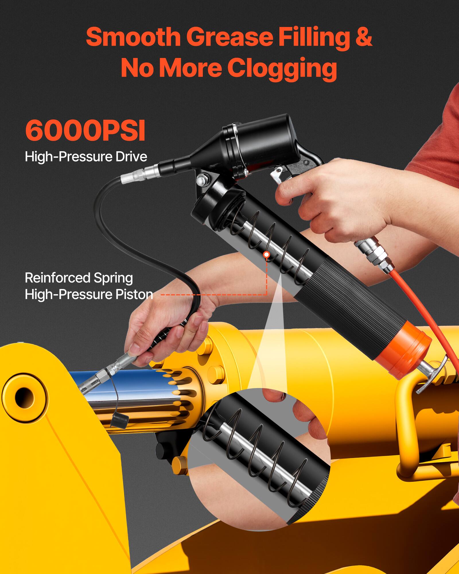 Smooth Grease Filling & No More Clogging  
6000PSI High-Pressure Drive  
Reinforced Spring High-Pressure Piston