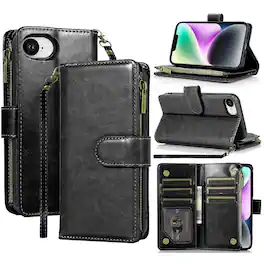 Equipd - Phone Case for Apple iPhone 17e / iPhone 16e, Luxury Wallet Card ID Zipper Money Holder Cover - Black