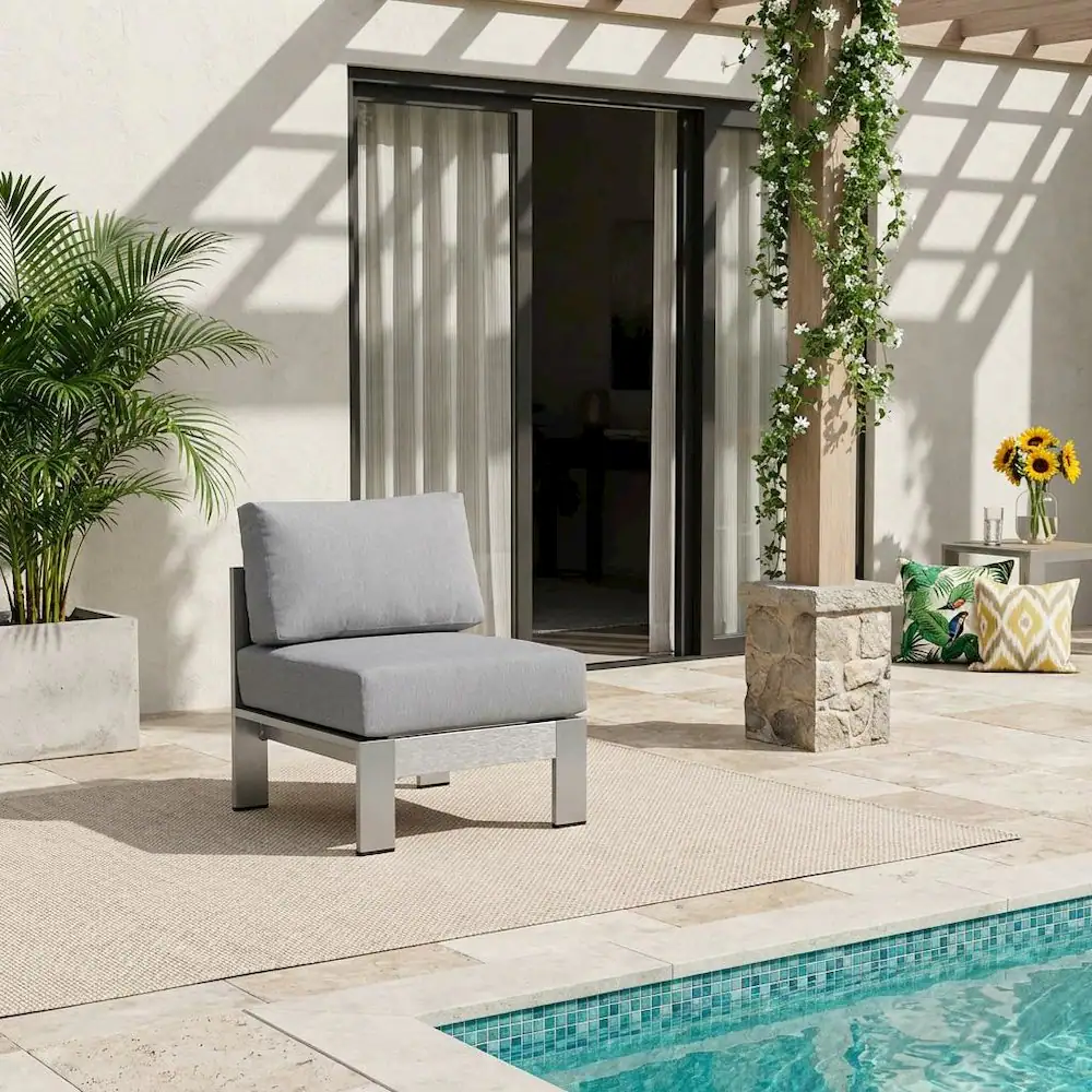 Angle. Outdoor Escape - Armless Outdoor Patio Aluminum Chair For Lounge And Relaxation - Gray.
