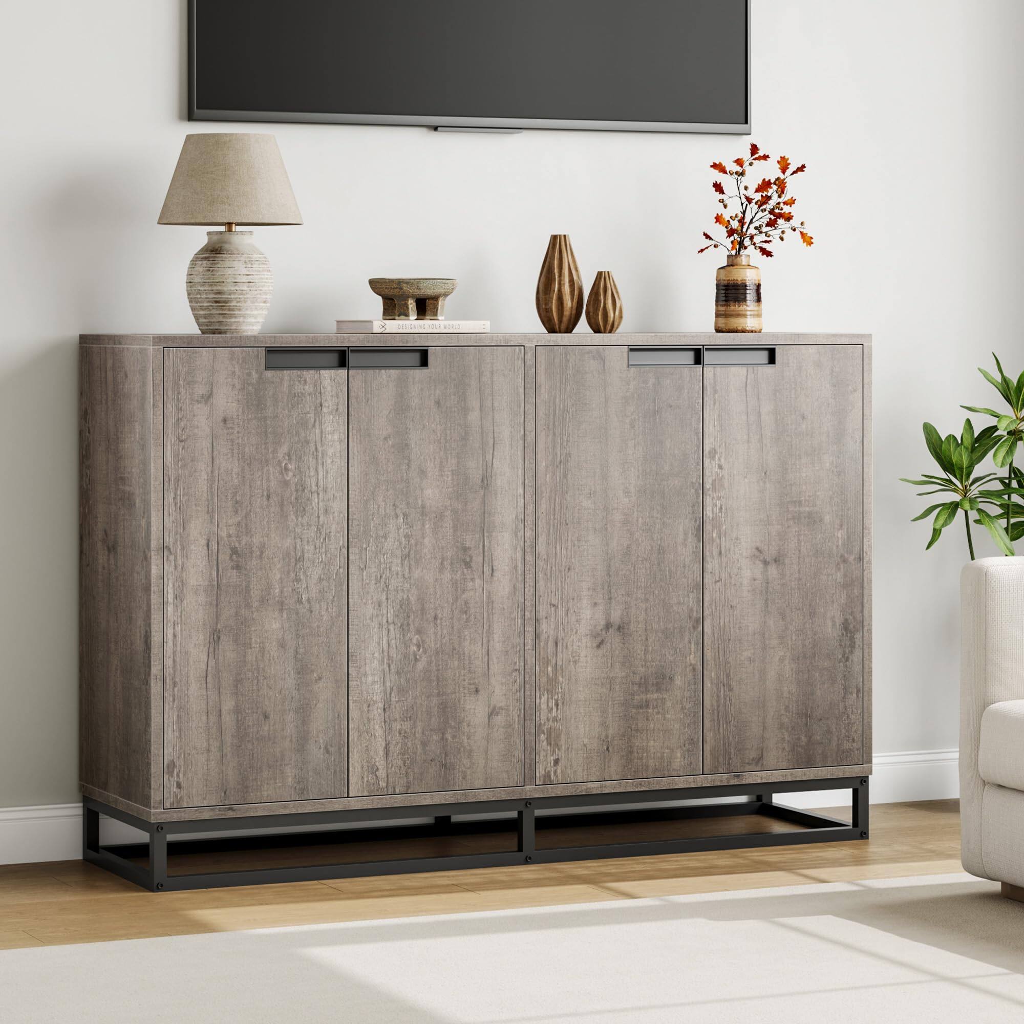 Angle. Qeetex - 55" Buffet Storage Cabinet, Modern Sideboard Credenza with 4 Doors and Shelves - Gray.