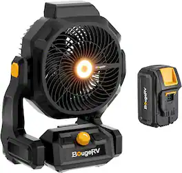 BougeRV - Battery Powered Fan 755 CFM Portable Fan with 8A Removable Battery USB Port Bright Light 210° Tilt for Camping, RV