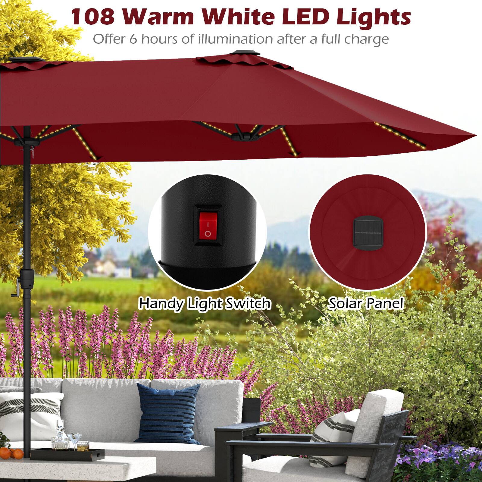 108 Warm White LED Lights
Offer 6 hours of illumination after a full charge
Handy Light Switch
Solar Panel