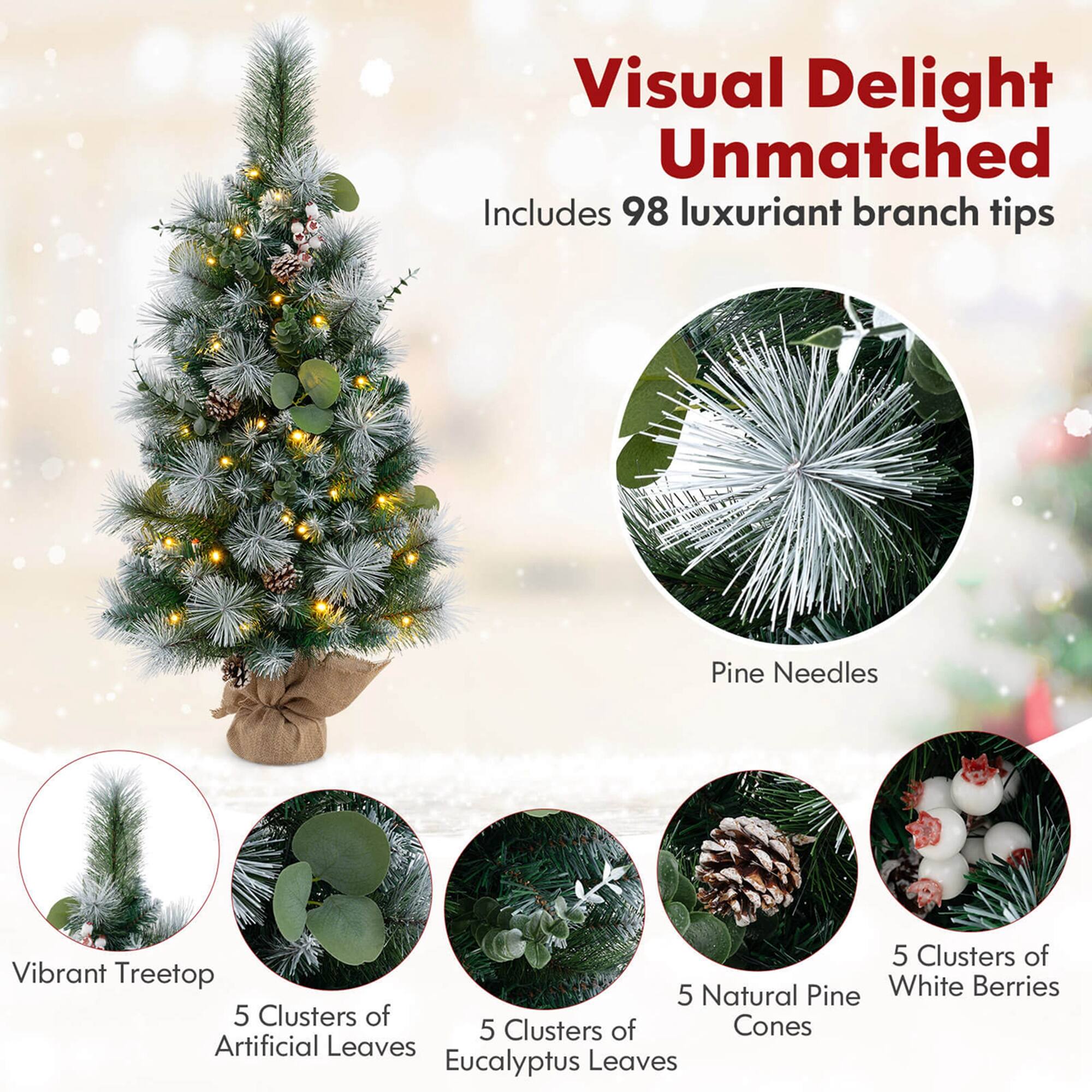 Visual Delight Unmatched  
Includes 98 luxuriant branch tips  

- Pine Needles  
- Vibrant Treetop  
- 5 Clusters of Artificial Leaves  
- 5 Clusters of Eucalyptus Leaves  
- 5 Natural Pine Cones  
- 5 Clusters of White Berries