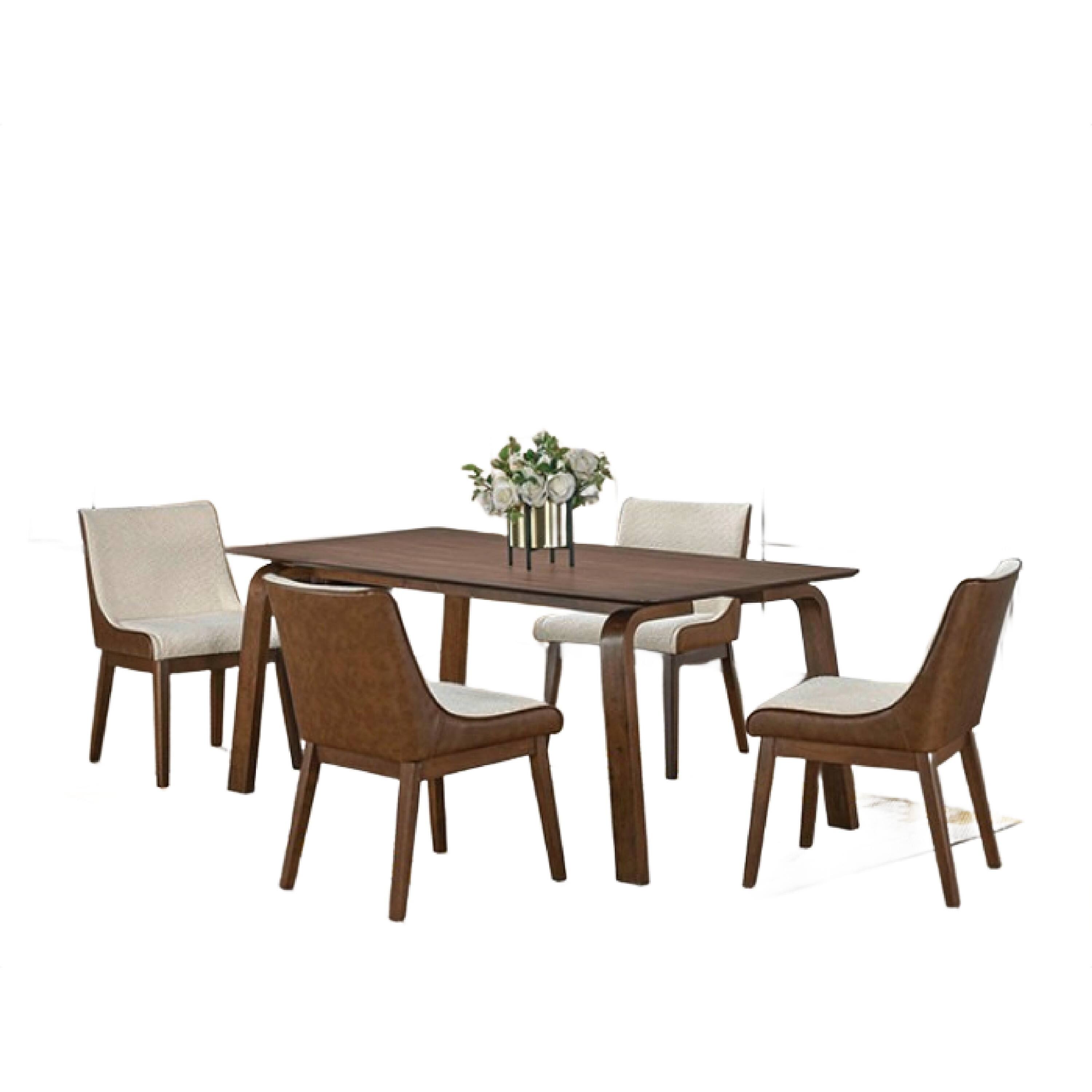 Manhattan Lane - Iken 5pc Dining Table Set, 4 Cream Fabric Chairs, Tapered Legs, Brown Wood - Walnut Brown, Cream