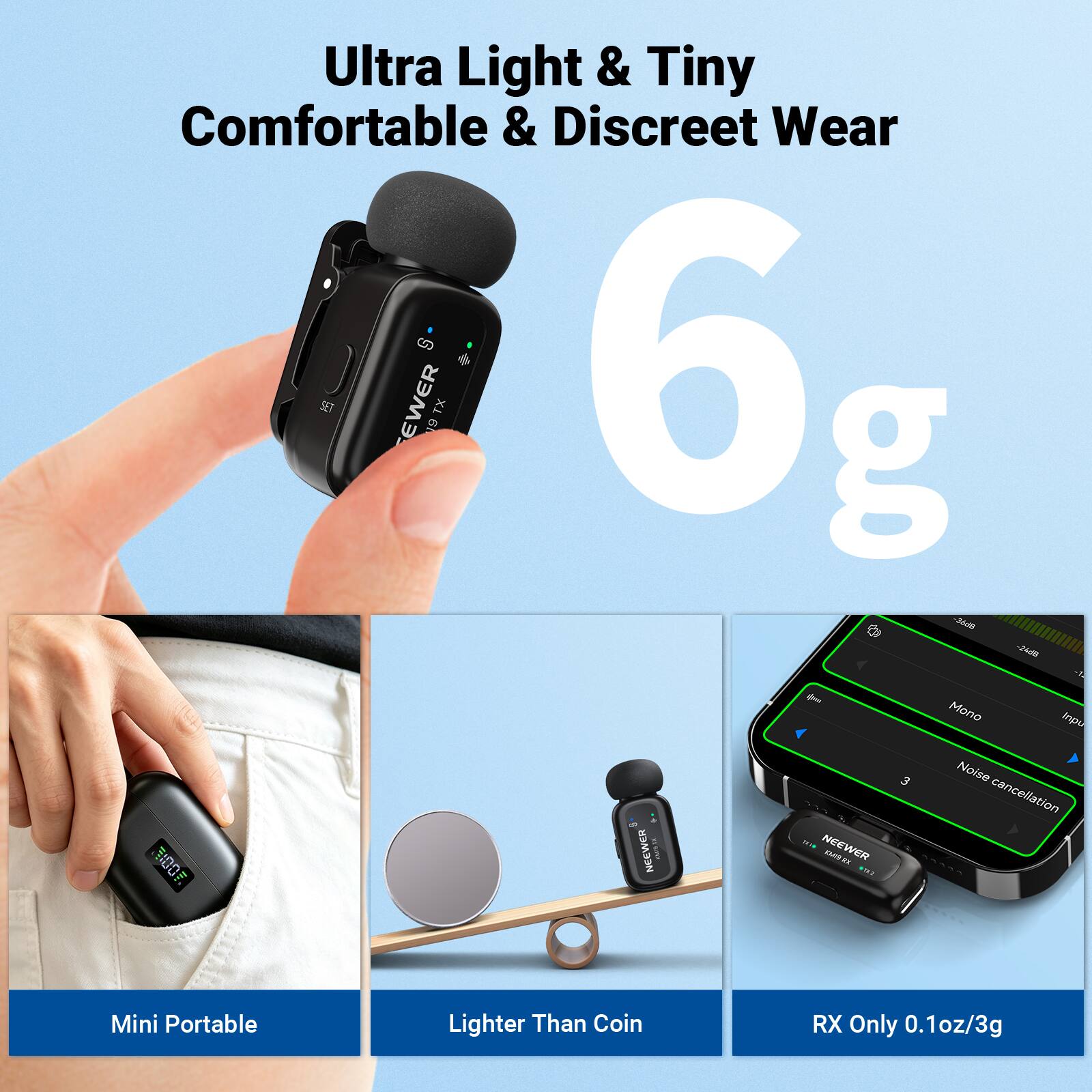 Ultra Light & Tiny Comfortable & Discreet Wear SET EWER 19 TX 6g 36dB - hide -5 Mono Input 3 Noise - cancellation NEEWER MAR TEUR NEEWER 0015 100 THE

Mini Portable
Lighter Than Coin
RX Only 0.1oz/3g