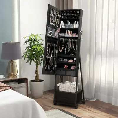 47" H Jewelry Armoire Full Length Mirror Cabinet Storage Organizer W Led Light Wall Mounted Door Hanging Lockable For Bedroom Makeups White