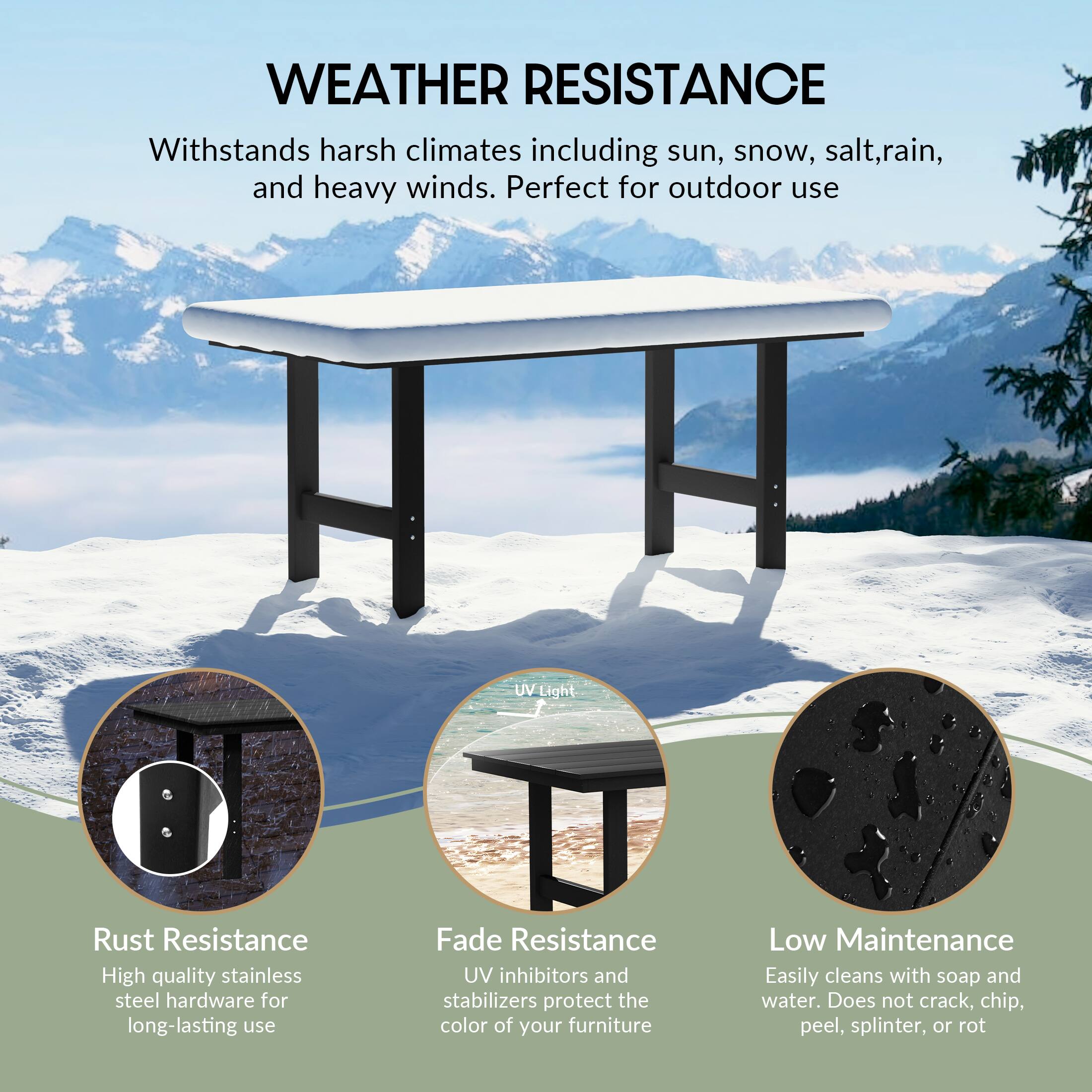 WEATHER RESISTANCE

Withstands harsh climates including sun, snow, salt, rain, and heavy winds. Perfect for outdoor use

UV Light

Rust Resistance
High quality stainless steel hardware for long-lasting use

Fade Resistance
UV inhibitors and stabilizers protect the color of your furniture

Low Maintenance
Easily cleans with soap and water. Does not crack, chip, peel, splinter, or rot