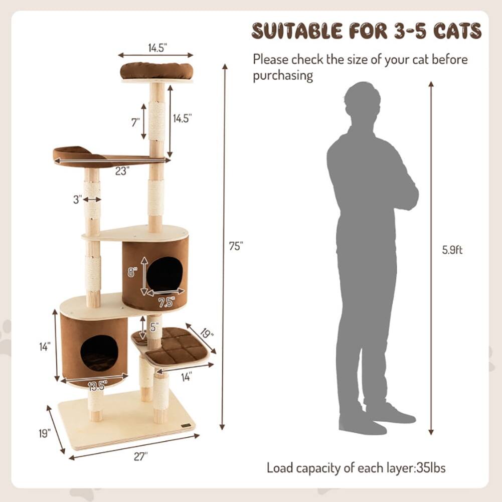 14.5" SUITABLE FOR 3-5 CATS  
Please check the size of your cat before purchasing  

Dimensions:  
- 14.5"  
- 23"  
- 3'  
- 75"  
- 5.9ft  
- 8"  
- 75"  
- 14"  
- 5"  
- 19"  
- 13.5"  
- 14"  
- 19"  
- 27"  

Load capacity of each layer: 35lbs