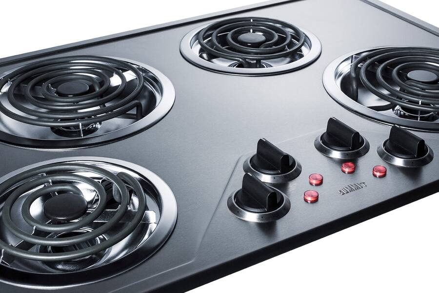 Left. Summit Appliance - 30 Inch Wide 230V 4-Burner Coil Cooktop - Stainless Steel.