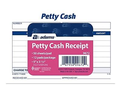 Petty Cash

Petty Cash Receipt

- 50 sheets/pad
- 12 pads/package
- 5" x 3 1/2" (12.7 x 8.9 cm)

NUMBER: 9672

AMOUNT

CHARGE TO: A-9672/T-3008

RECEIVED BY: ___________

APPROVED BY: ___________

02012 TOPS Products, Covington, TN 38019
Made in the USA • tops-products.com

87958-09672
