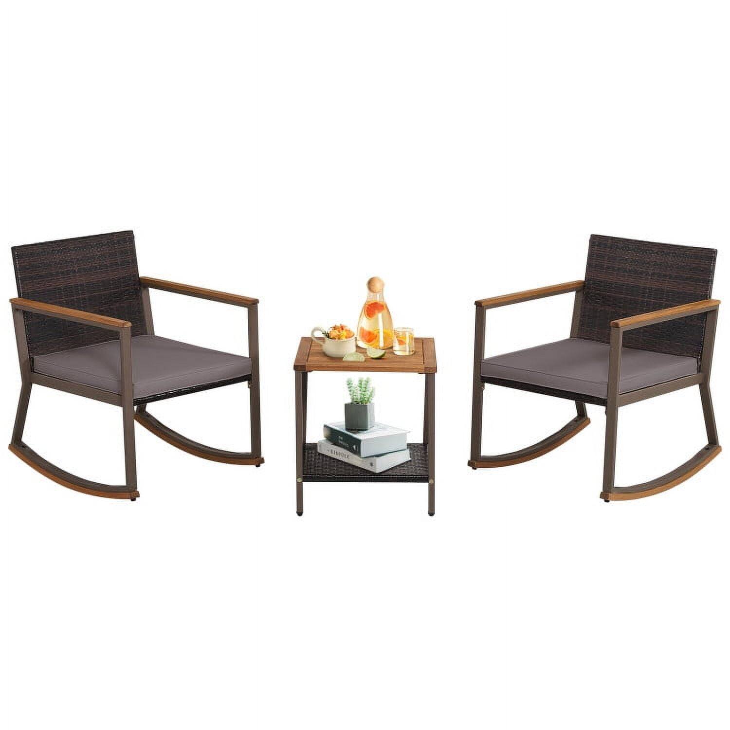 Front. Pefilos - 3 Pieces Rattan Rocking Bistro Set, Patio Conversation Sets with Coffee Patio Coffee Table and Cushions-Off Navy - Gray.