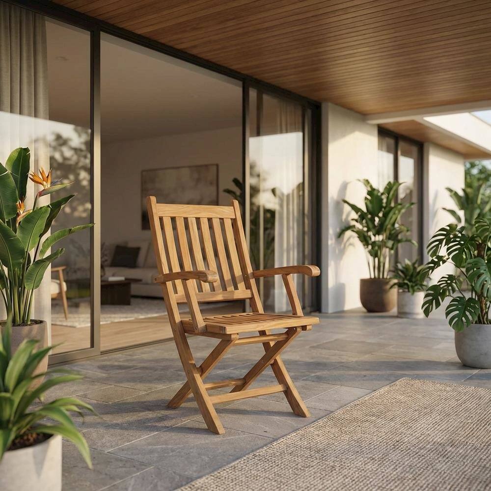 Angle. Outdoor Escape - Elegant Teak Outdoor Folding Chair for Patio Dining with Armrests - Brown.