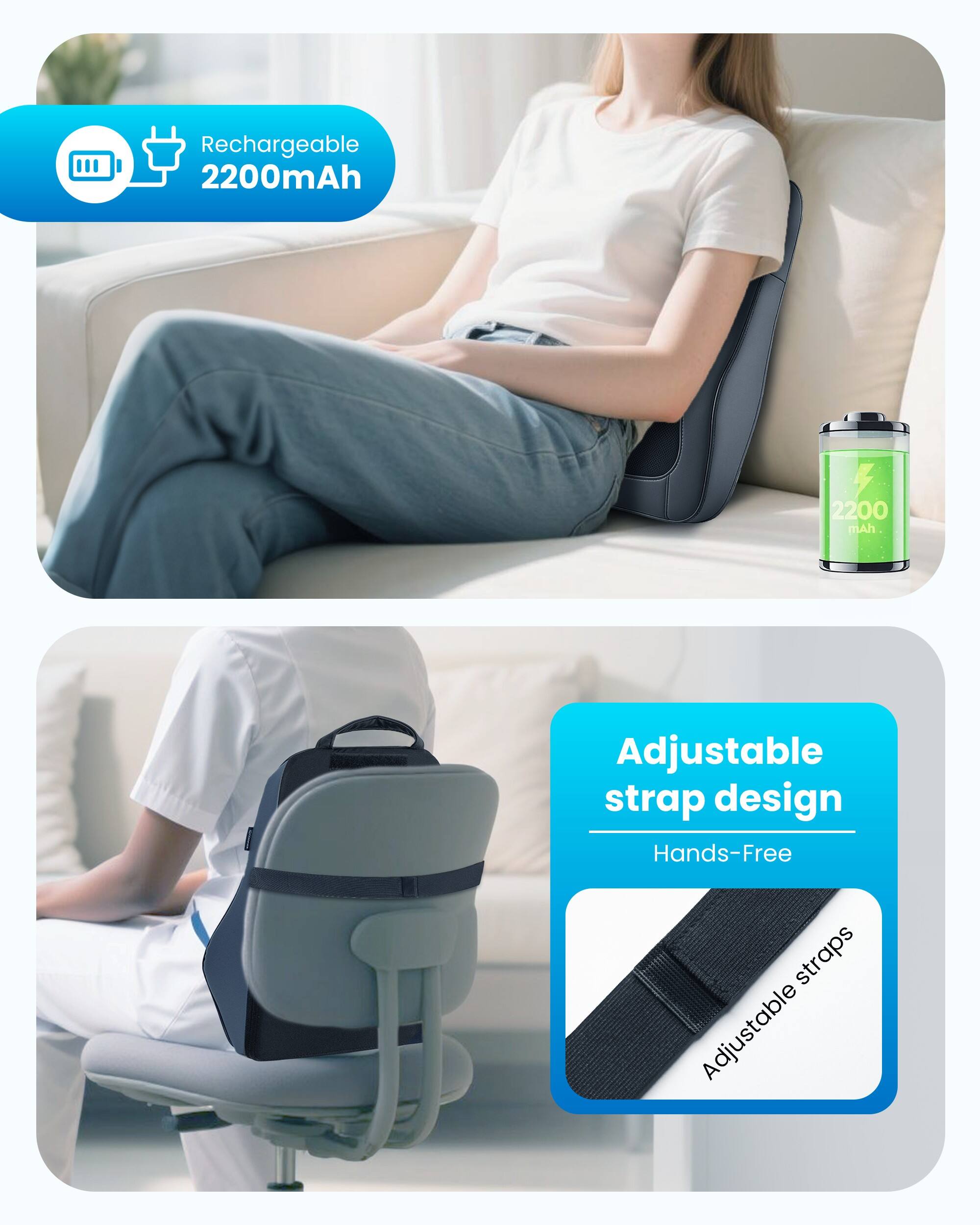 Rechargeable 2200mAh  
2200 mAh  
Adjustable strap design Hands-Free  
straps Adjustable